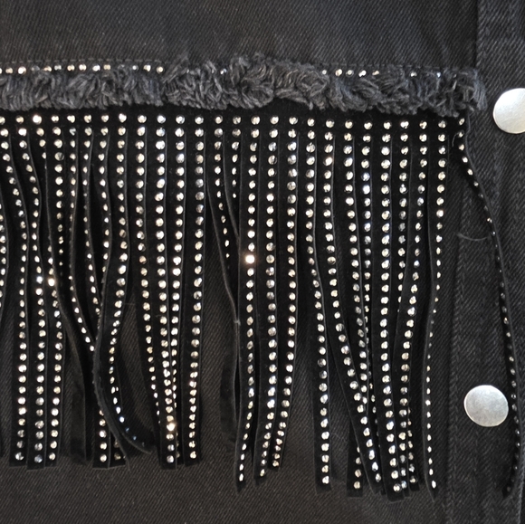 Zara Cowgirl Concert Dazzler Rhinestone Fringe Jewel Black Jacket Denim Oversize - Picture 6 of 8